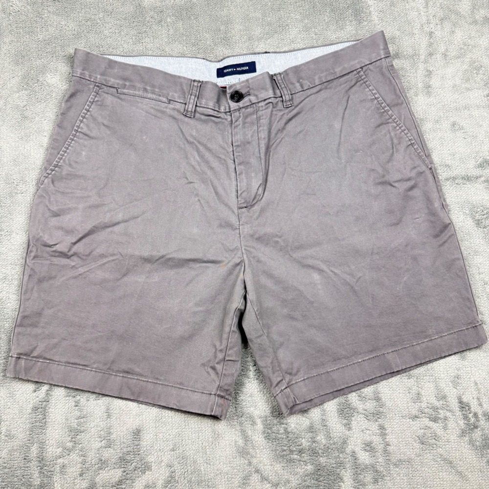 Tommy Hilfiger Mens Grey Stretch Chino Shorts Size 36 Flat Front Cotton Twill